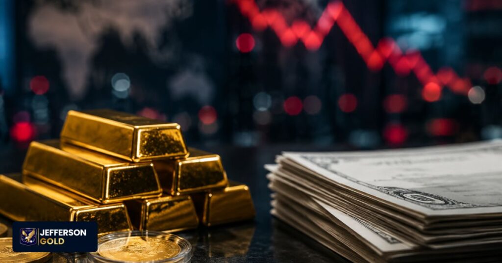 Gold bullion stacked beside paper currency during market downturn with blurred financial charts indicating cash rush uncertainty context
