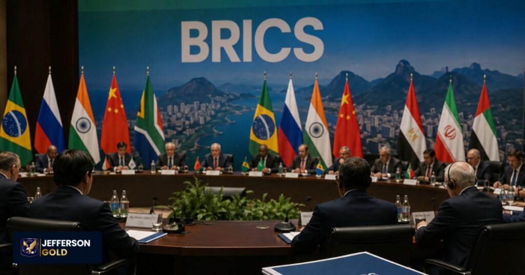 BRICS representatives meeting in formal summit room with national flags, documents, and diplomatic discussions about global payment systems. 