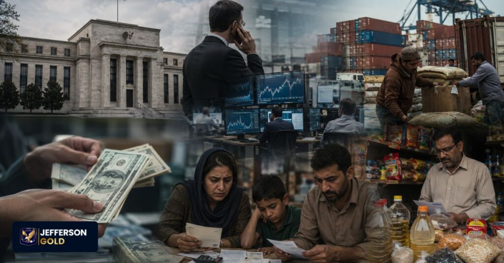 Global financial system showing Federal Reserve influence, capital flows, currency pressure, and emerging market economic stress.