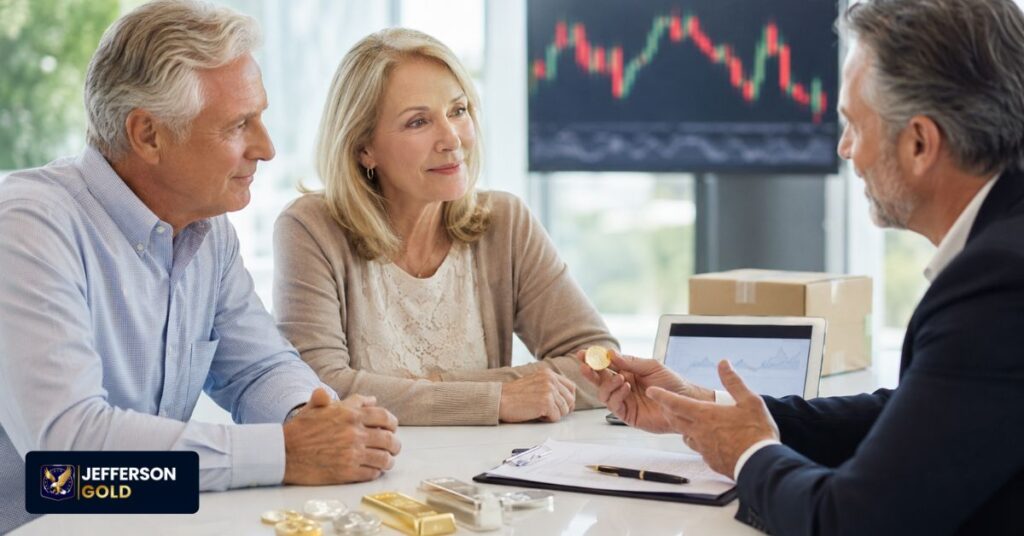 Senior couple consulting financial advisor in modern office with gold coins, charts, and retirement discussion scene