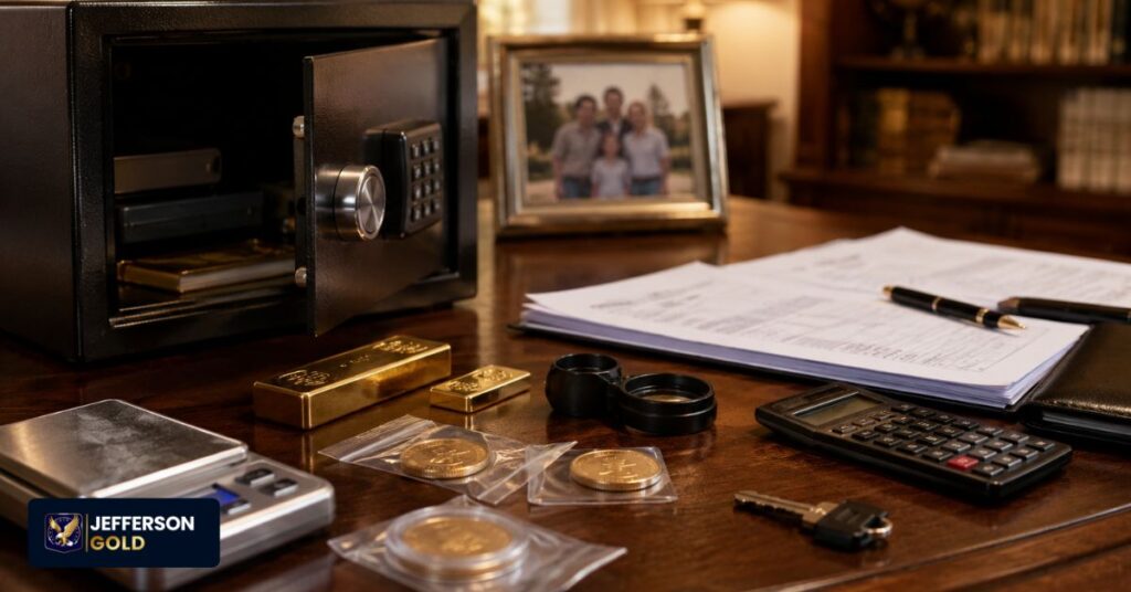 Physical gold storage scene showing bullion, verification tools, documents, and considerations for long-term wealth preservation.